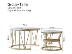 Conjunto de 2 mesas de centro redondas - mármore, folheado moderno, mesa lateral elegante, dourado