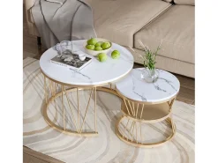 Conjunto de 2 mesas de centro redondas - mármore, folheado moderno, mesa lateral elegante, dourado