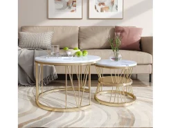 Conjunto de 2 mesas de centro redondas - mármore, folheado moderno, mesa lateral elegante, dourado