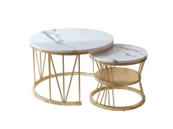 Conjunto de 2 mesas de centro redondas - mármore, folheado moderno, mesa lateral elegante, dourado