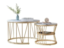 Conjunto de 2 mesas de centro redondas - mármore, folheado moderno, mesa lateral elegante, dourado