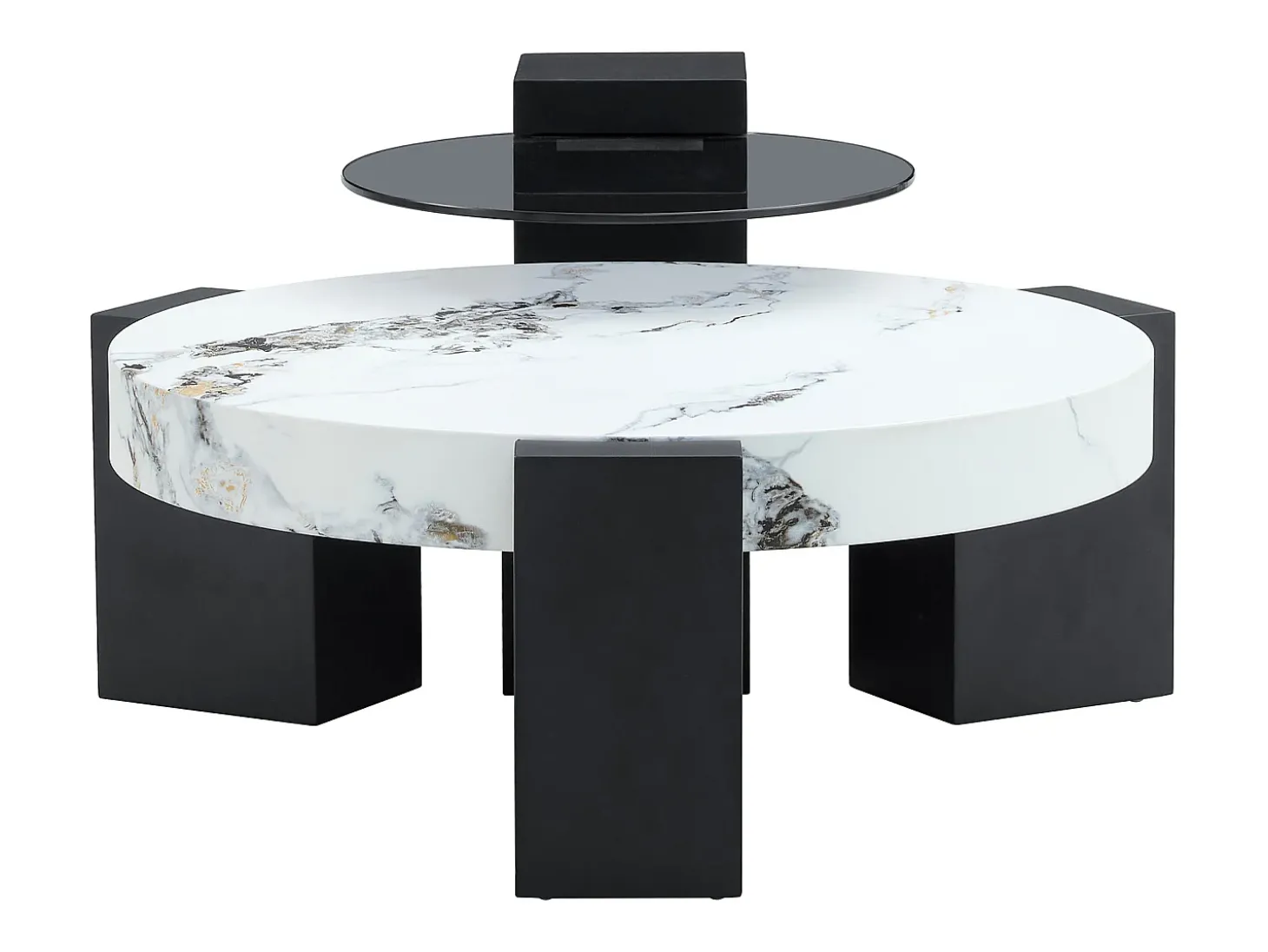 Conjunto de 2 mesas de centro - Mesas redondas com efeito mármore - Madeira MDF + vidro - Branco e preto