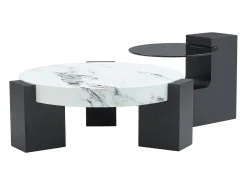 Conjunto de 2 mesas de centro - Mesas redondas com efeito mármore - Madeira MDF + vidro - Branco e preto