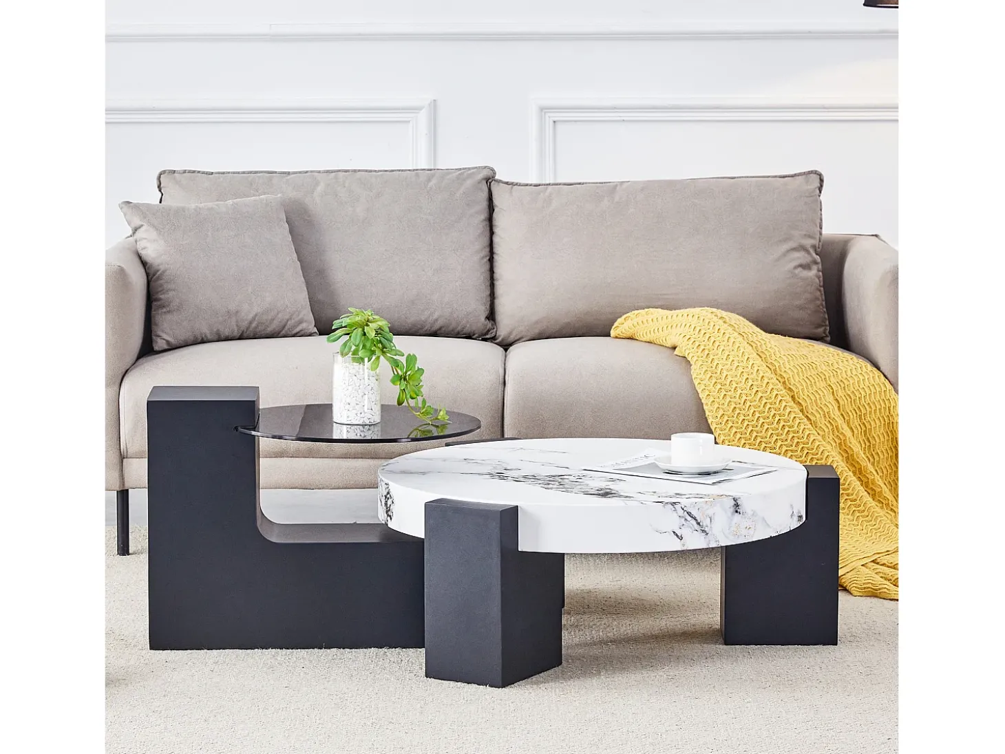Conjunto de 2 mesas de centro - Mesas redondas com efeito mármore - Madeira MDF + vidro - Branco e preto
