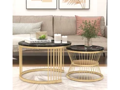 Conjunto de 2 mesas de centro redondas - com base em mármore brilhante - Para sala de estar - Dourado e Preto