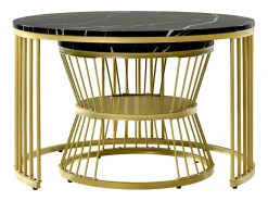 Conjunto de 2 mesas de centro redondas - com base em mármore brilhante - Para sala de estar - Dourado e Preto