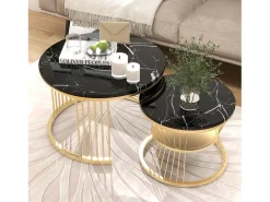 Conjunto de 2 mesas de centro redondas - com base em mármore brilhante - Para sala de estar - Dourado e Preto