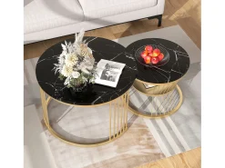 Conjunto de 2 mesas de centro redondas - com base em mármore brilhante - Para sala de estar - Dourado e Preto