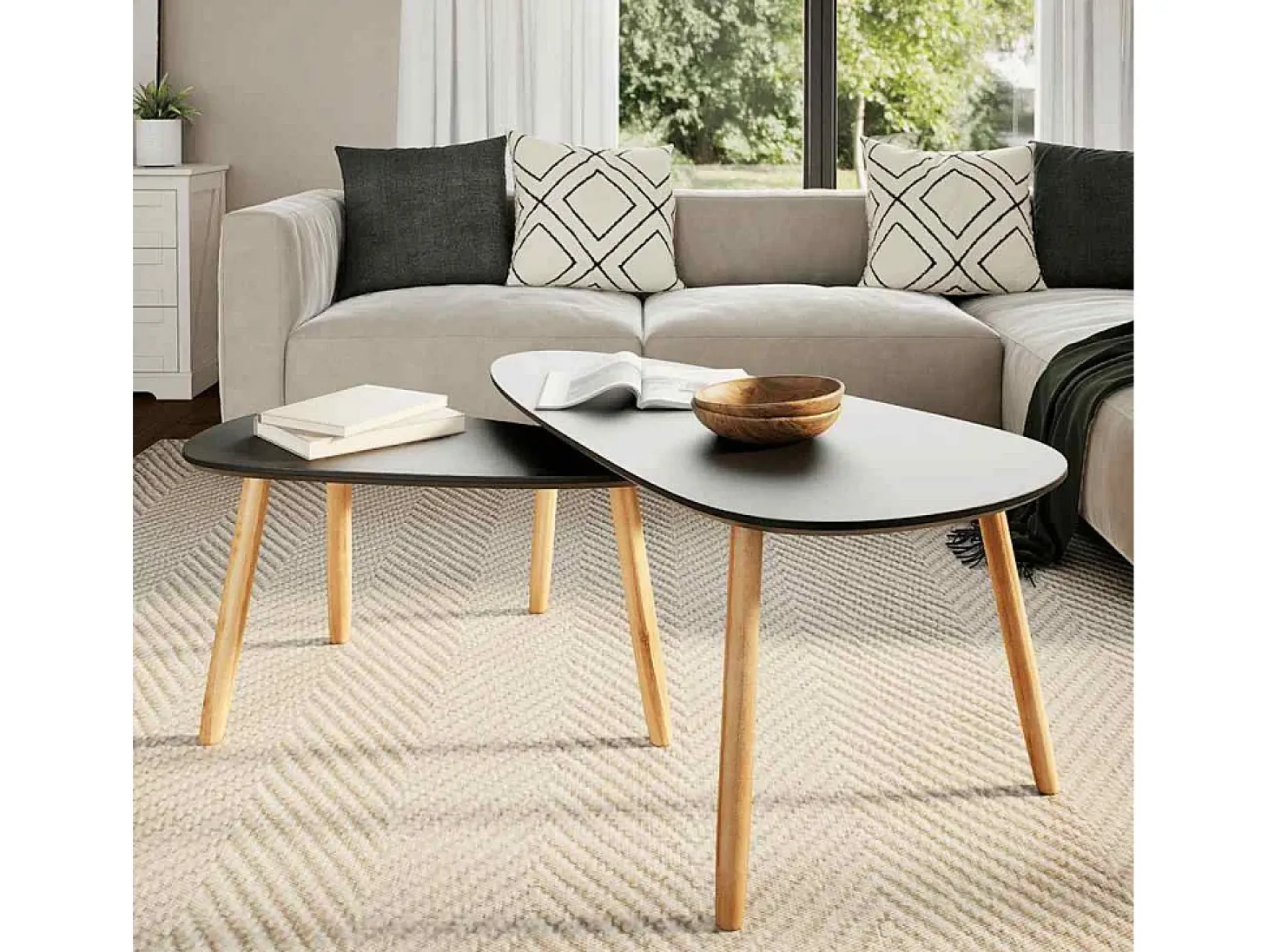 Conjunto de 2 Mesas de Centro | Mesa de apoio pinho maciço preto