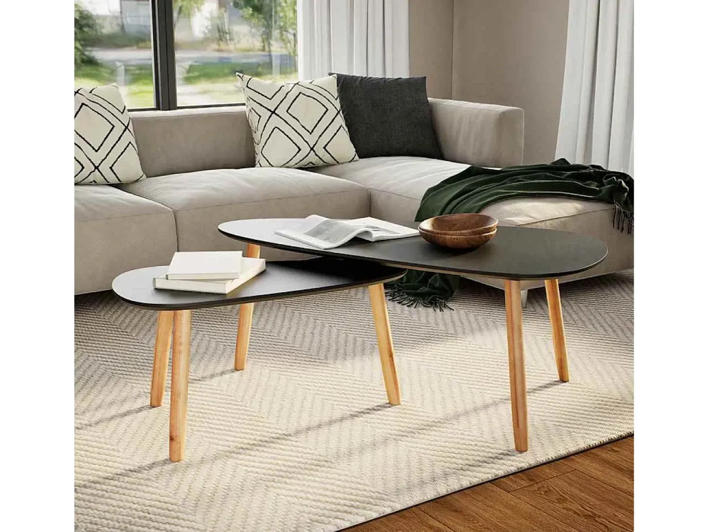 Conjunto de 2 Mesas de Centro | Mesa de apoio pinho maciço preto