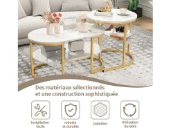 Conjunto de 2 mesas de centro redondas e ovais com espaço de armazenamento, efeito mármore, branco e dourado.