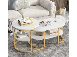 Conjunto de 2 mesas de centro redondas e ovais com espaço de armazenamento, efeito mármore, branco e dourado.