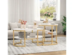 Conjunto de 2 mesas de centro redondas e ovais com espaço de armazenamento, efeito mármore, branco e dourado.