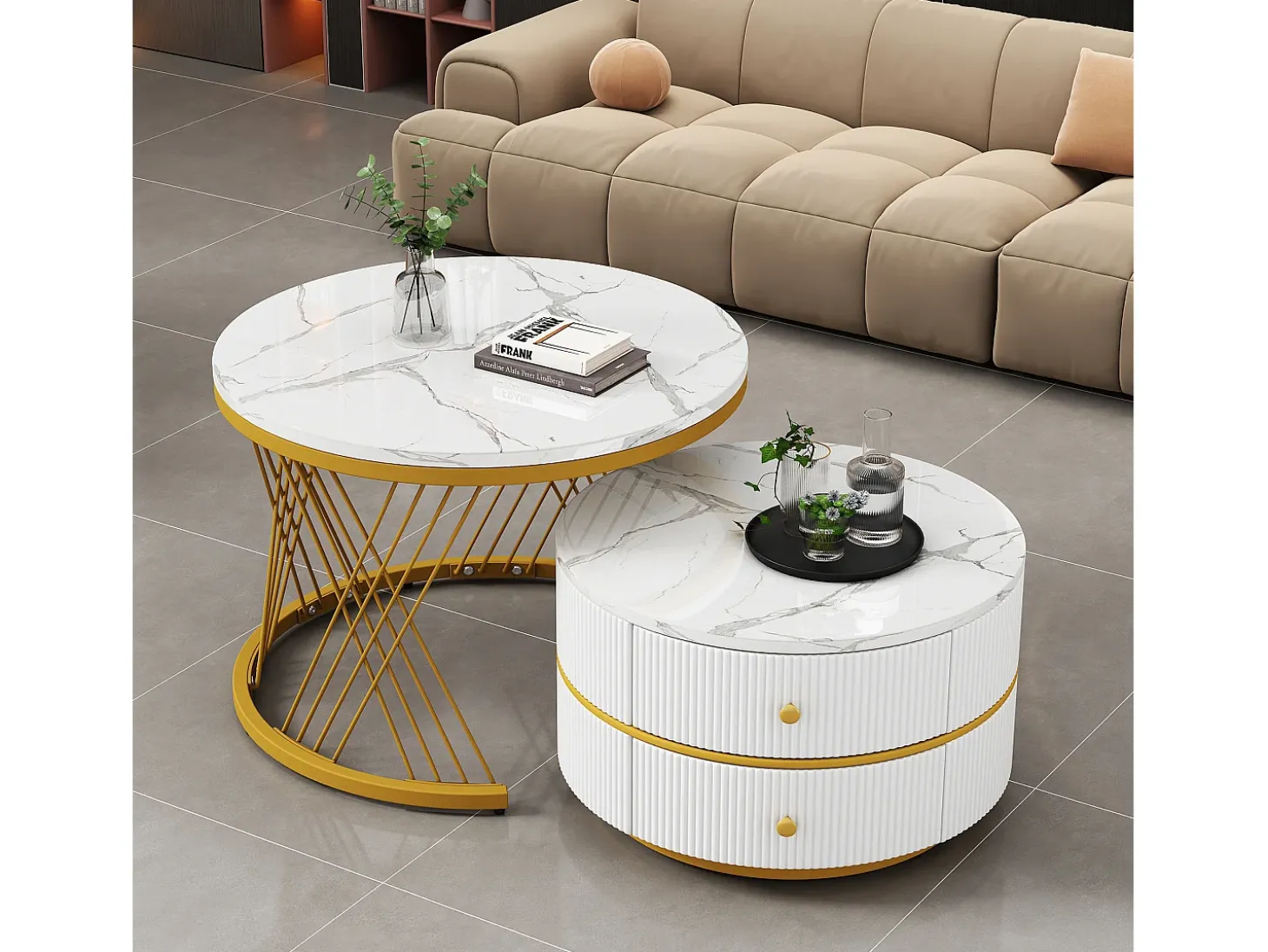 Conjunto de 2 mesas de centro redondas encaixáveis com 2 gavetas - 60x60x46cm + 50x50x30,8cm - Padrão mármore - Madeira MDF e metal - Branco + dourado