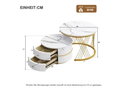 Conjunto de 2 mesas de centro redondas encaixáveis com 2 gavetas - 60x60x46cm + 50x50x30,8cm - Padrão mármore - Madeira MDF e metal - Branco + dourado
