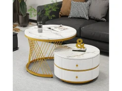 Conjunto de 2 mesas de centro redondas encaixáveis com 2 gavetas - 60x60x46cm + 50x50x30,8cm - Padrão mármore - Madeira MDF e metal - Branco + dourado