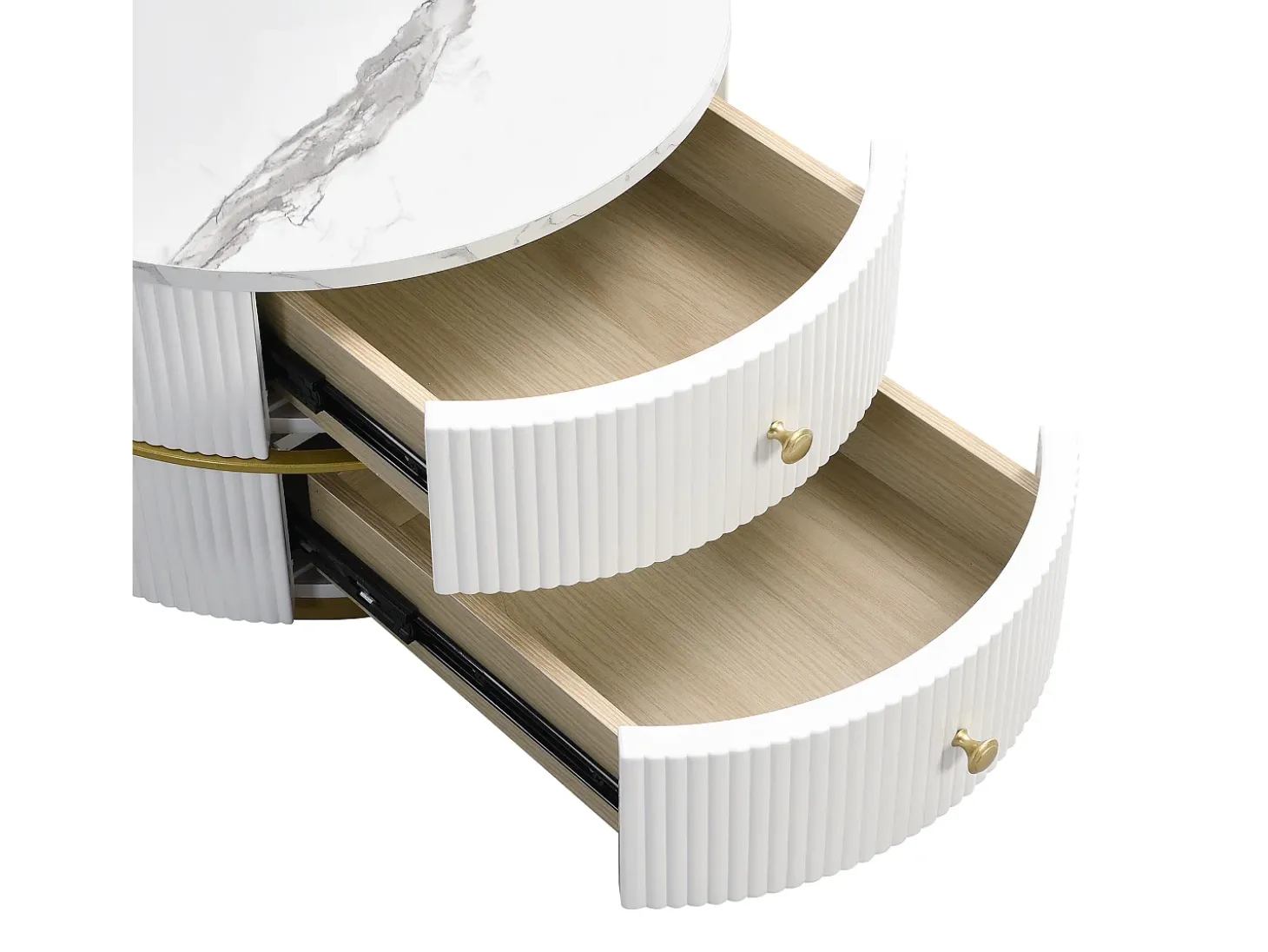 Conjunto de 2 mesas de centro redondas encaixáveis com 2 gavetas - 60x60x46cm + 50x50x30,8cm - Padrão mármore - Madeira MDF e metal - Branco + dourado