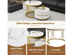 Conjunto de 2 mesas de centro redondas encaixáveis com 2 gavetas - 60x60x46cm + 50x50x30,8cm - Padrão mármore - Madeira MDF e metal - Branco + dourado