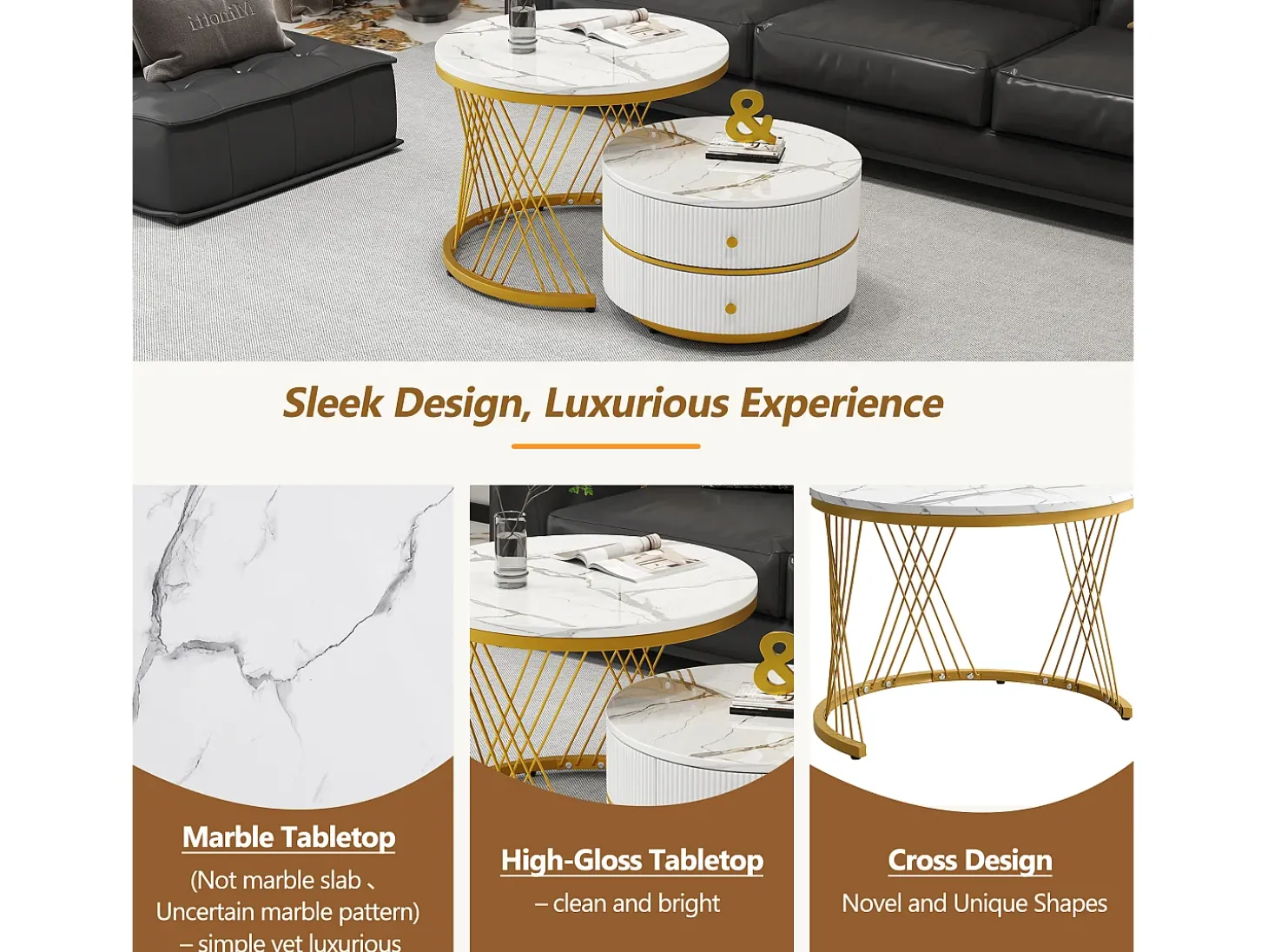 Conjunto de 2 mesas de centro redondas encaixáveis com 2 gavetas - 60x60x46cm + 50x50x30,8cm - Padrão mármore - Madeira MDF e metal - Branco + dourado