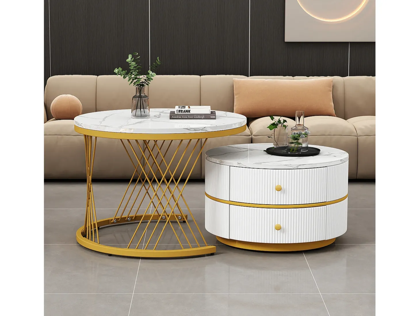 Conjunto de 2 mesas de centro redondas encaixáveis com 2 gavetas - 60x60x46cm + 50x50x30,8cm - Padrão mármore - Madeira MDF e metal - Branco + dourado