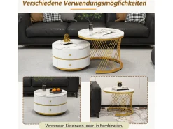 Conjunto de 2 mesas de centro redondas encaixáveis com 2 gavetas - 60x60x46cm + 50x50x30,8cm - Padrão mármore - Madeira MDF e metal - Branco + dourado
