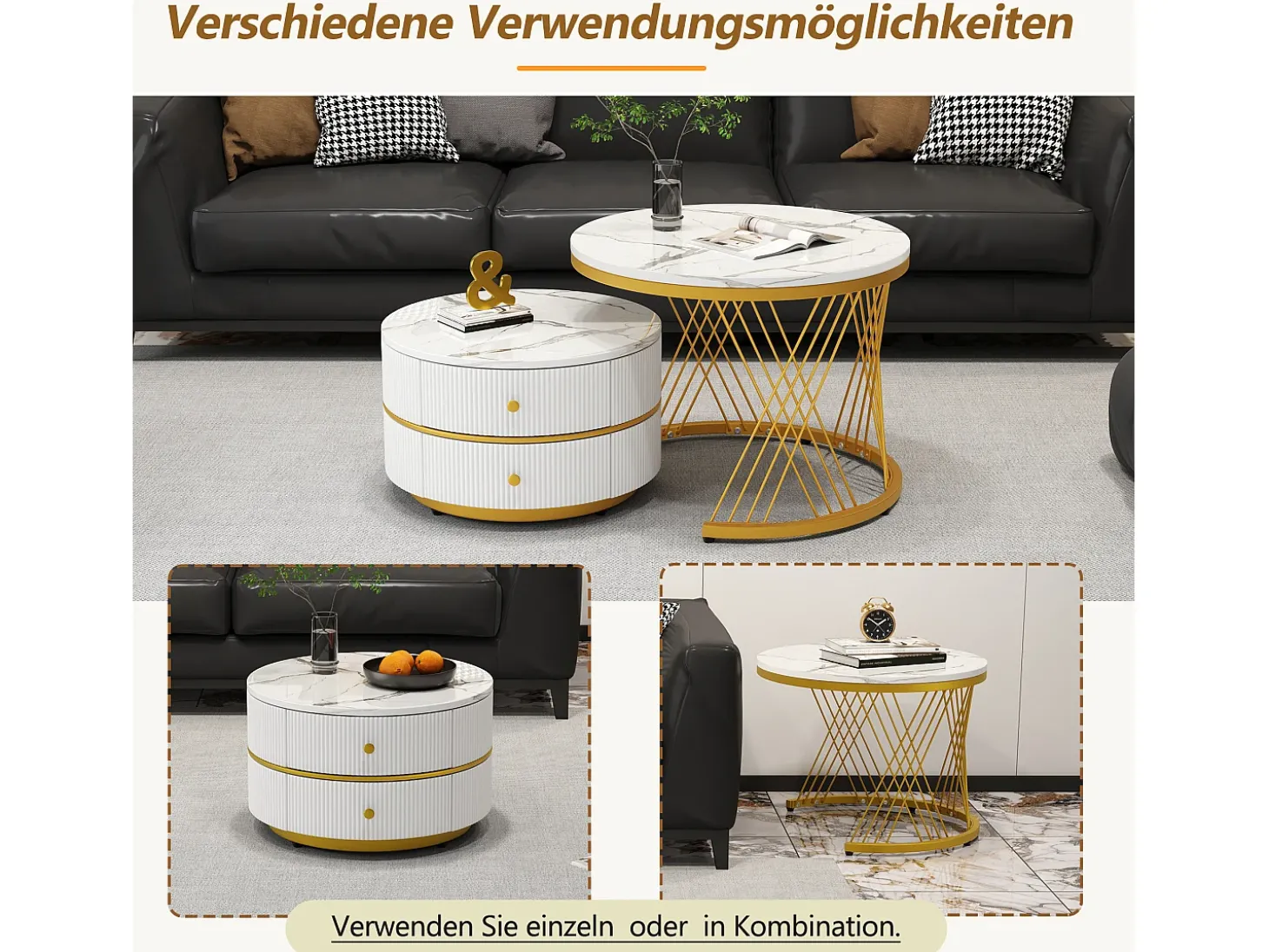 Conjunto de 2 mesas de centro redondas encaixáveis com 2 gavetas - 60x60x46cm + 50x50x30,8cm - Padrão mármore - Madeira MDF e metal - Branco + dourado