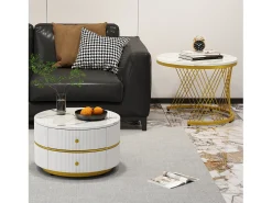 Conjunto de 2 mesas de centro redondas encaixáveis com 2 gavetas - 60x60x46cm + 50x50x30,8cm - Padrão mármore - Madeira MDF e metal - Branco + dourado
