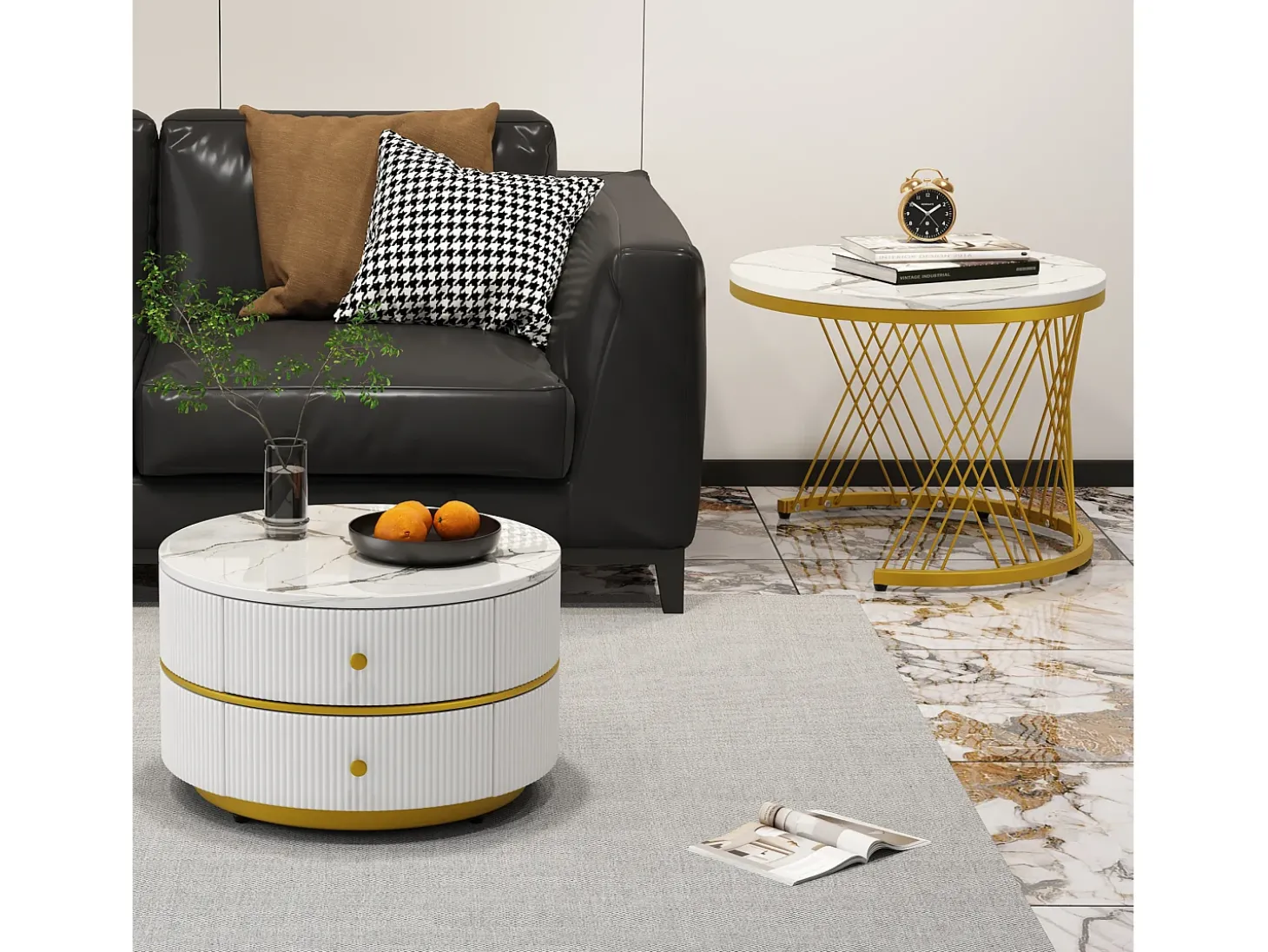 Conjunto de 2 mesas de centro redondas encaixáveis com 2 gavetas - 60x60x46cm + 50x50x30,8cm - Padrão mármore - Madeira MDF e metal - Branco + dourado