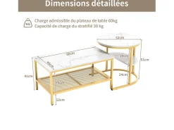 Conjunto de 2 mesas de centro encaixáveis escandinavas - retangulares, estampa de mármore, apoios para os pés ajustáveis, estrutura de metal dourado