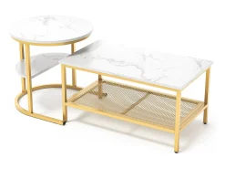 Conjunto de 2 mesas de centro encaixáveis escandinavas - retangulares, estampa de mármore, apoios para os pés ajustáveis, estrutura de metal dourado