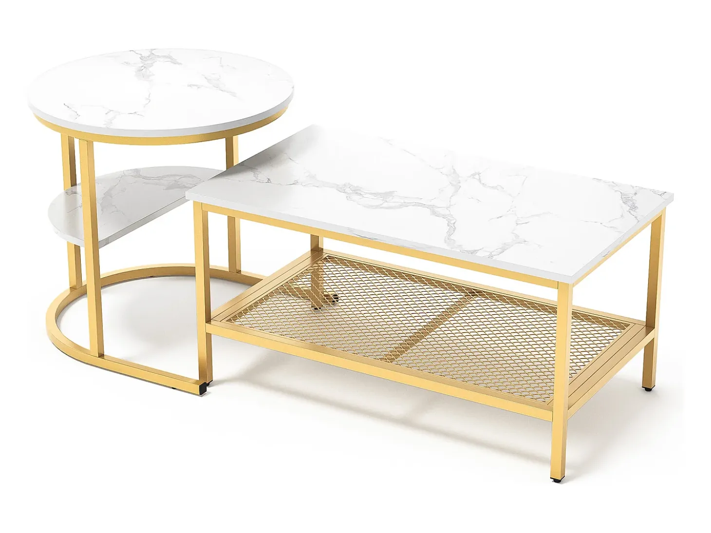 Conjunto de 2 mesas de centro encaixáveis escandinavas - retangulares, estampa de mármore, apoios para os pés ajustáveis, estrutura de metal dourado