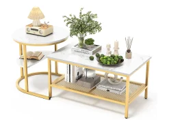 Conjunto de 2 mesas de centro encaixáveis escandinavas - retangulares, estampa de mármore, apoios para os pés ajustáveis, estrutura de metal dourado