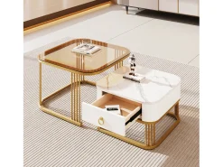 Conjunto de 2 mesas de centro encaixáveis com 1 gaveta, mesa de centro quadrada - tampo de vidro e aspecto de mármore - madeira e metal dourado - branco brilhante