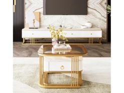 Conjunto de 2 mesas de centro encaixáveis com 1 gaveta, mesa de centro quadrada - tampo de vidro e aspecto de mármore - madeira e metal dourado - branco brilhante