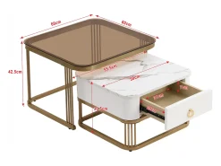 Conjunto de 2 mesas de centro encaixáveis com 1 gaveta, mesa de centro quadrada - tampo de vidro e aspecto de mármore - madeira e metal dourado - branco brilhante