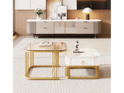 Conjunto de 2 mesas de centro encaixáveis com 1 gaveta, mesa de centro quadrada - tampo de vidro e aspecto de mármore - madeira e metal dourado - branco brilhante