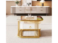 Conjunto de 2 mesas de centro encaixáveis com 1 gaveta, mesa de centro quadrada - tampo de vidro e aspecto de mármore - madeira e metal dourado - branco brilhante