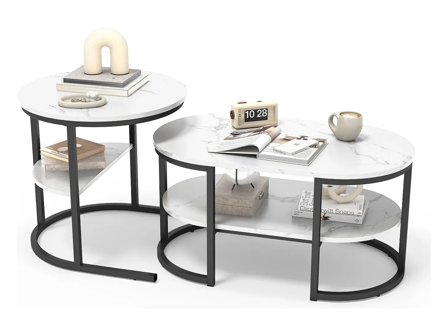 Conjunto de 2 mesas de centro escandinavas - Mesa de apoio oval com estampado de mármore e prateleiras de arrumação - Estrutura em metal - Preto