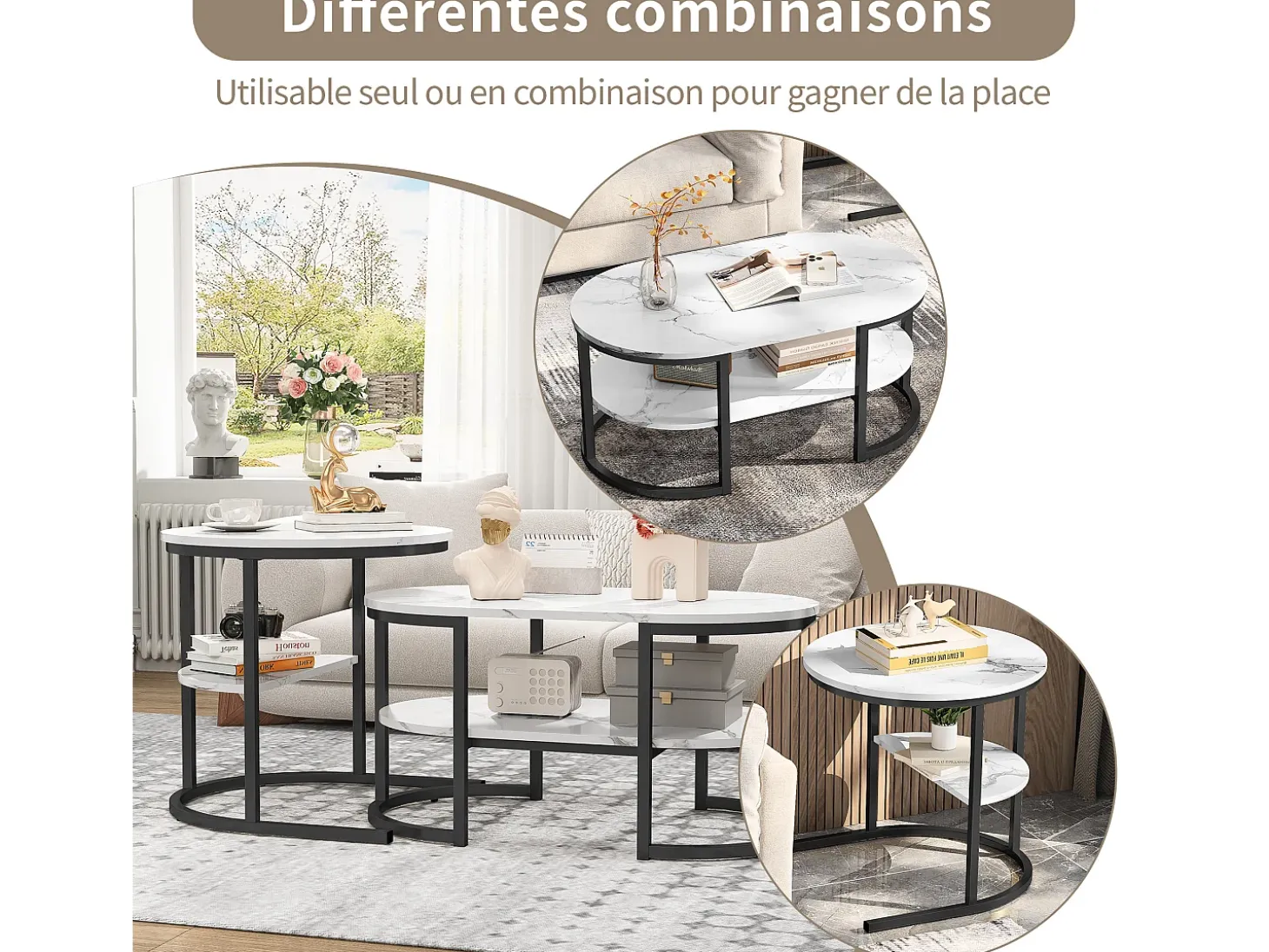 Conjunto de 2 mesas de centro escandinavas - Mesa de apoio oval com estampado de mármore e prateleiras de arrumação - Estrutura em metal - Preto