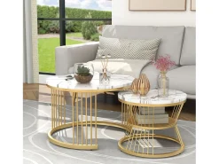 Conjunto de 2 mesas de centro redondas - mármore brilhante e metal, design moderno para sala de estar, escritório e varanda