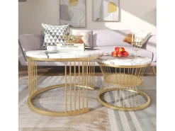 Conjunto de 2 mesas de centro redondas - mármore brilhante e metal, design moderno para sala de estar, escritório e varanda