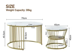 Conjunto de 2 mesas de centro redondas - mármore brilhante e metal, design moderno para sala de estar, escritório e varanda