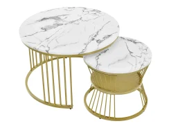 Conjunto de 2 mesas de centro redondas - mármore brilhante e metal, design moderno para sala de estar, escritório e varanda