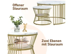 Conjunto de 2 mesas de centro redondas - mármore brilhante e metal, design moderno para sala de estar, escritório e varanda