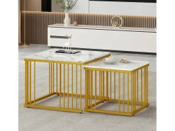 Conjunto de 2 mesas de centro quadradas com efeito mármore brilhante - 60 x 60 x 45 cm + 45 x 45 x 40 cm - MDF - Brancas