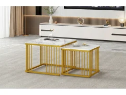 Conjunto de 2 mesas de centro quadradas com efeito mármore brilhante - 60 x 60 x 45 cm + 45 x 45 x 40 cm - MDF - Brancas
