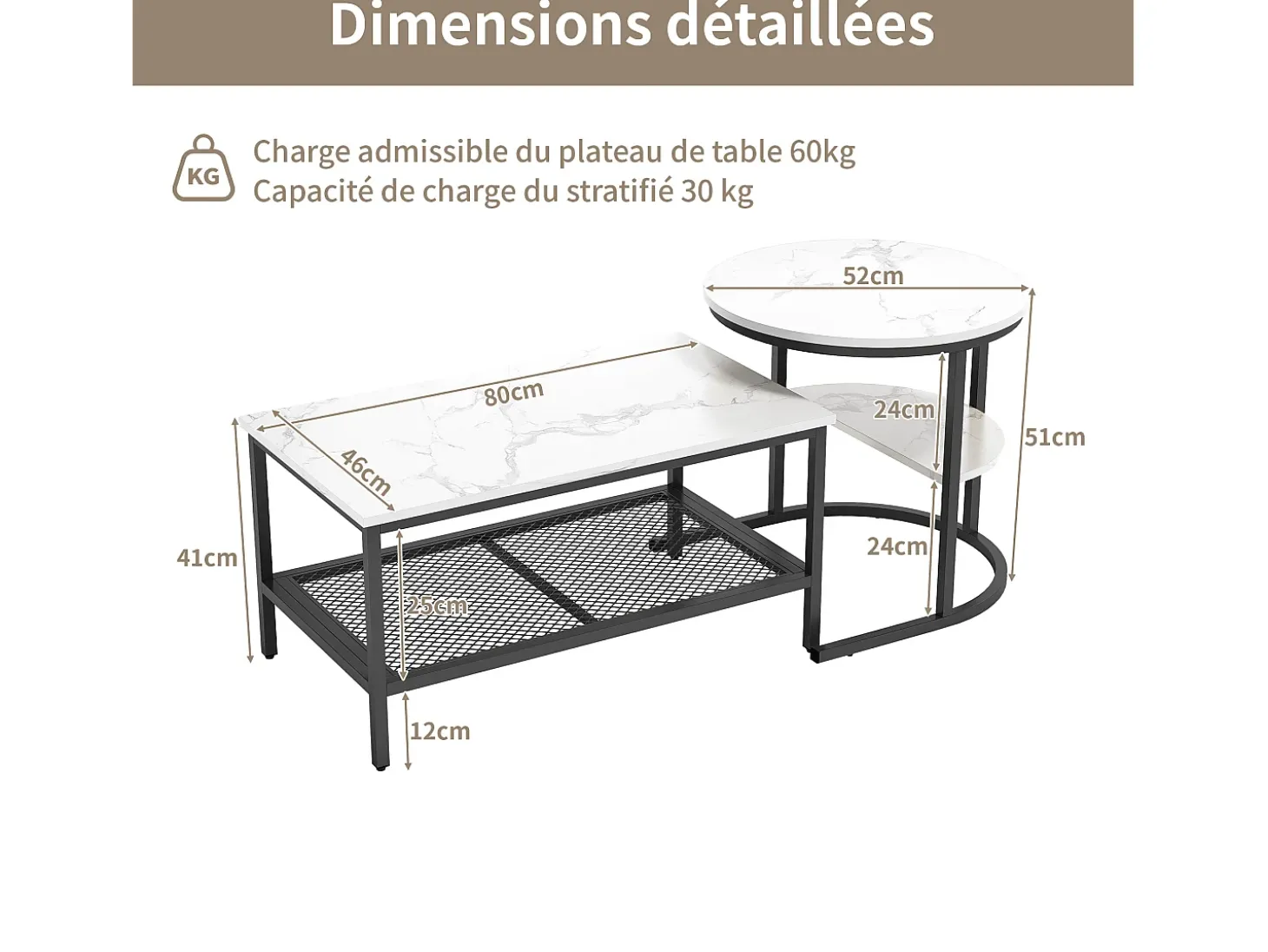 Conjunto de 2 mesas de centro encaixáveis escandinavas - retangulares, estampa de mármore, apoios para os pés ajustáveis, estrutura de metal preta