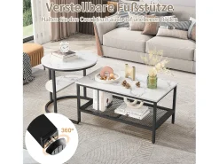 Conjunto de 2 mesas de centro encaixáveis escandinavas - retangulares, estampa de mármore, apoios para os pés ajustáveis, estrutura de metal preta