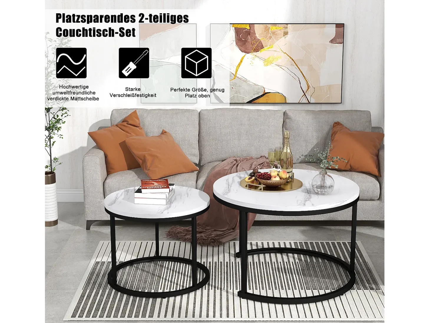 Conjunto de 2 mesas de centro encastráveis, mesa lateral redonda em MDF, folheado marmorizado, branco