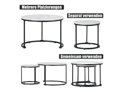 Conjunto de 2 mesas de centro encastráveis, mesa lateral redonda em MDF, folheado marmorizado, branco